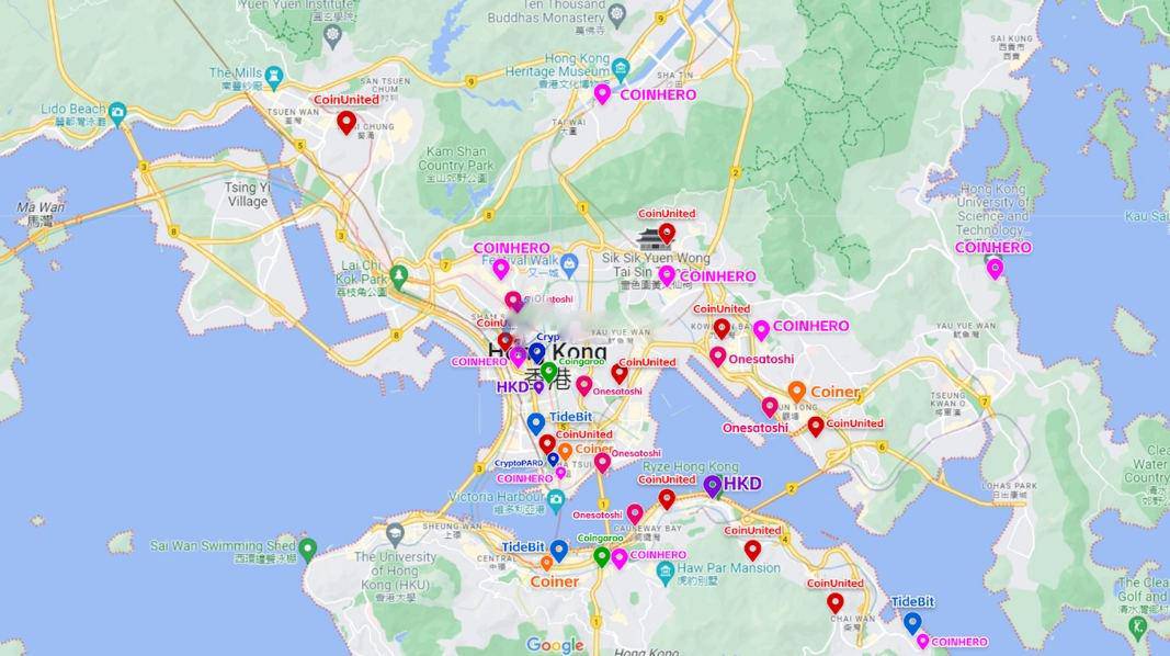 香港加密货币兑换店GoogleMap分布