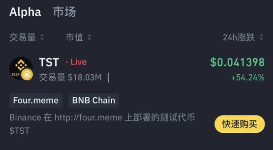 BNB Chain上Meme币TST登上Binance Alpha 币价飙升超1000%